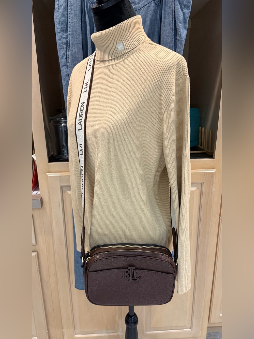 Ralph Lauren Dark Brown Pebbled Leather Crossbody with RLL Monogram - Picture 2 of 6